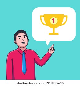 Young Businessman pointing golden trophy