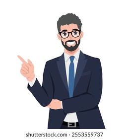 Young businessman pointing up index finger gesture to copy space. Flat Vector Character Isolated.