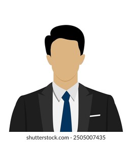 young businessman portrait, illustration of white man in suit with blue tie, flat style illustration, vector	