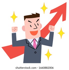 Young businessman posing guts with a smile and upward arrow