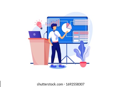 Young businessman presentation new data analysis with diagram. Concept man character with laptop, folders, plan and whiteboard.