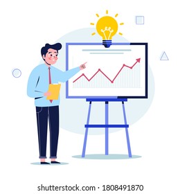 Young businessman presentation screen board explaining charts. Flat design vector illustration