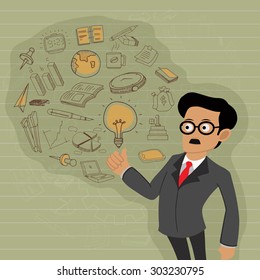 Jovem empresário apresentando elementos infográficos de negócios em um fundo elegante.