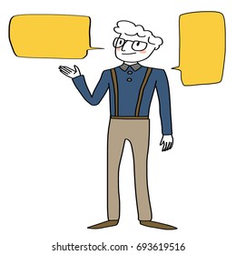 Young businessman presenting her idea or work. Word balloons included. Vector illustration with hand-drawn style.