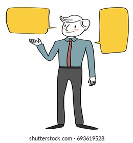 Young businessman presenting her idea or work. Word balloons included. Vector illustration with hand-drawn style.