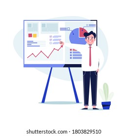 Young Businessman presenting marketing data on a presentation screen board explaining charts. Flat design vector illustration
