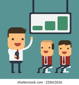 Young businessman presenting to their boss, Vector cartoon concept abstract business