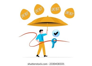 A young businessman protected from the threat of debt and economic problems with big umbrella and key support from insurance, the government and his partners