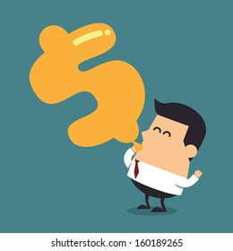 Young businessman pumping air in dollar shape balloon, Business concept