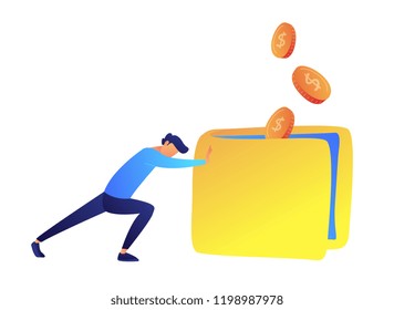 Young businessman pushing big heavy wallet forward and coins falling into it vector illustration.