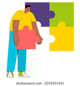 Young businessman with puzzle piece ready to solve a strategic challenge. Creative problem-solving and innovative thinking concept. Vector illustration.