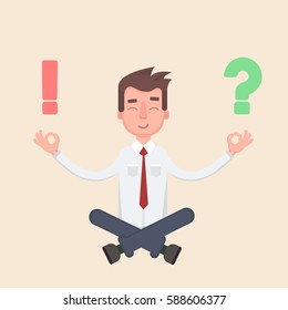 Young businessman with a question and exclamation mark on his hand. Man makes a choice.