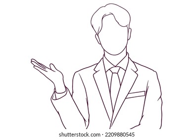 young businessman raise his palm hand drawn style vector illustration