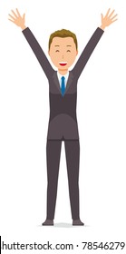A young businessman is raising his hands