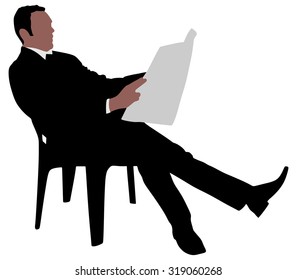 Young businessman reading news paper sitting on chair, vector 