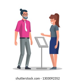 Young Businessman in Reception. Girl Receptionist Check Guest Registration and Reservation. Traveler Guy Smile with Hostel Appartment Administrator Lady. Flat Vector Cartoon Illustration.