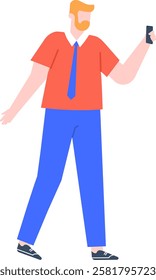 Young businessman with red hair and a beard walking confidently while using a mobile phone app. Dressed in blue trousers, a red shirt, and a blue tie, he embodies modern workplace style