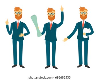 Young businessman with red hair and glasses, in blue business suit in different poses for business presentation isolated on white background.Successful man shows and tells vector illustration