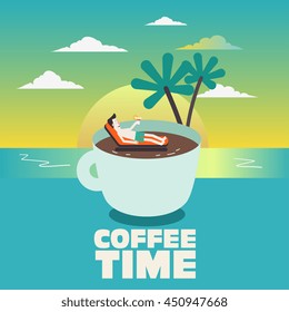 Young businessman relaxing during break in coffee cup. Coffee time, break, relaxation, travel, vacation and holiday vector concept. Beach sunset background