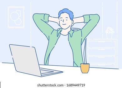 Young businessman is relaxing in his work deck, satisfied with work done. Conceptual of Work from home. Hand drawn in thin line style, vector illustrations.