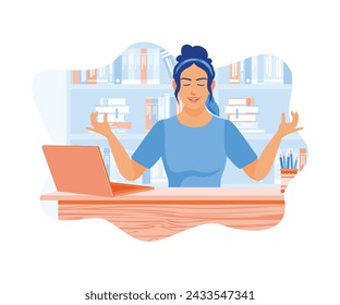 Young businessman relaxing and meditating with a laptop. Practice yoga breathing at work. Self-improvement concept. flat vector modern illustration