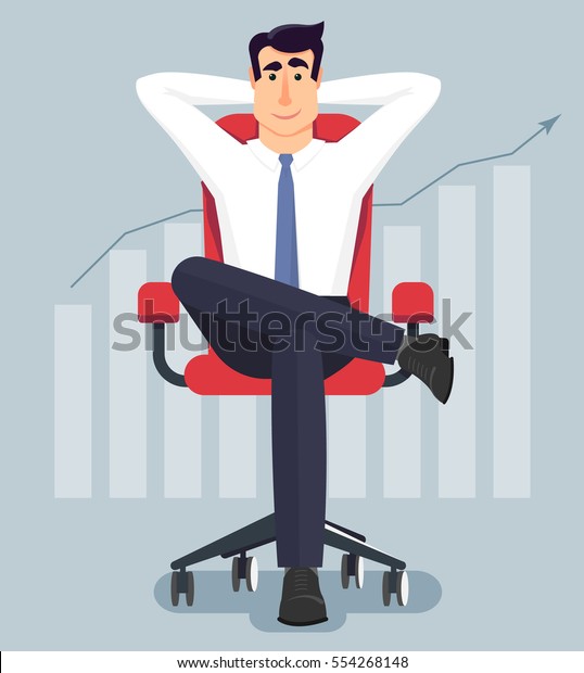 オフィスでくつろぐ若い実業家 キャスターの椅子の脚に静かに座っている実業家が 頭の後ろで十字を切り 手を組む ビジネス上のボスが落ち着いたポーズ で休んでいる 現代のフラットなベクターイラスト のベクター画像素材 ロイヤリティフリー