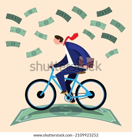 A young businessman rides a bicycle to work to save money on travel to the office. Flat vector illustration design