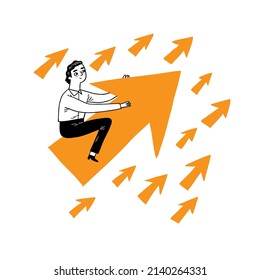 Young businessman riding arrow going up. Hand drawn vector illustration.