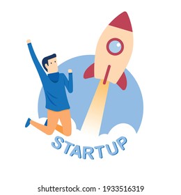 Joven empresario y concepto de lanzamiento de cohetes, ilustración vectorial en estilo plano