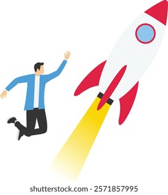 Young businessman and rocket startup launch concept, Vector illustration in flat style

