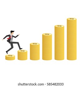 young businessman run on a increasing bar graph coin