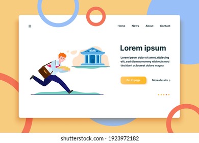 Young businessman running in bank with coins. Deposit, cash, money flat vector illustration. Investment and banking concept for banner, website design or landing web page