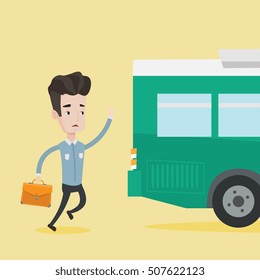 Young Businessman Running To Catch Bus. Caucasian Man Running For A Outgoing Bus. Man With Briefcase Chasing A Bus. Latecomer Man Running To Reach A Bus. Vector Flat Design Illustration. Square Layout