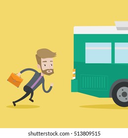 Young businessman running to catch bus. Caucasian man running for a outgoing bus. Man with briefcase chasing a bus. Latecomer man running to reach a bus. Vector flat design illustration. Square layout