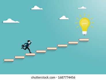 A young businessman running on stair books, Motivation, Moves up to the success, Leadership, Achievement, Goal, Startup, Vector illustration flat style