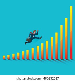 young businessman running up the schedule of increasing success on blue background