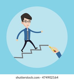 Young businessman running up the stairs drawn by hand with pencila. Happy businessman climbing the career ladder. Concept of business career. Vector flat design illustration. Square layout.