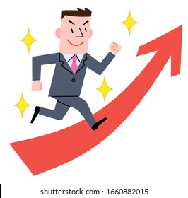 Young businessman running and upward arrow