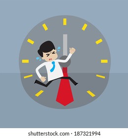 Young businessman rush run to place  within deadline time. concept for hurry up or out of time.