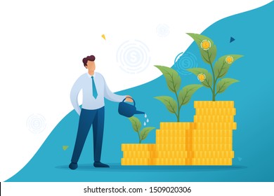 Young Businessman save and increase investment, capital, income growth. Flat 2D character. Concept for web design.