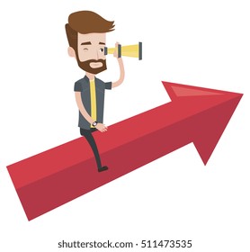 Young businessman searching for opportunities. Businessman using spyglass for searching of opportunities. Business opportunities concept. Vector flat design illustration isolated on white background.