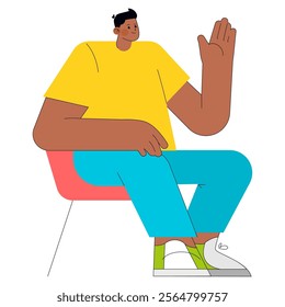 Young businessman seated casually, exuding confidence and professionalism. Modern entrepreneurial spirit captured in vibrant hues. Vector illustration.