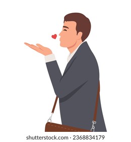 Young businessman sending a flying true love kiss, showing care, fondness and affection, a sincere Saint Valentine's message. Flat vector illustration isolated on white background