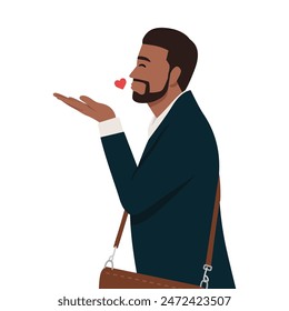 Young businessman sending a flying true love kiss. Flat vector illustration isolated on white background