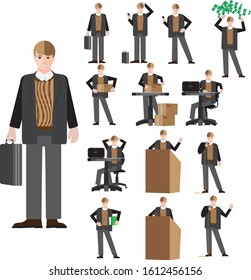 Young businessman. Set of basic poses. Hand-drawn vector illustration in a flat style. Isolated on white.