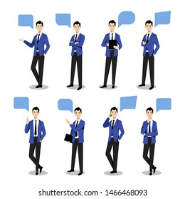 Young businessman set in different poses, on white background. Vector flat illustration. Man cartoon character in blue suit, isolated design elements.