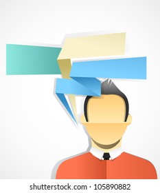 Young businessman with set of speech bubbles. Paper stylization