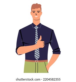 Joven empresario con camisa y corbata que muestra el pulgar hacia arriba. Un guiño a la aprobación, genial, vale. Hombre aislado de fondo blanco. Trabajador de oficina, gerente, profesor está sonriendo. Estilo plano, vector.