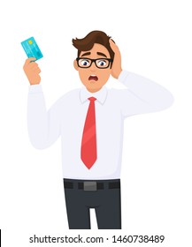 Young businessman shocked with hand on head for mistake, remember error. Forgot, bad memory. Person holding digital payment card. Male character design illustration. Modern lifestyle.