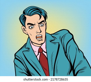 Young businessman shocked, scared, worried.hand drawn style vector design illustration.